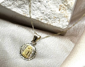 14K Yellow Gold Guadalupe Necklace, Diamond Cut Virgin Mary Charm, Singapore Chain
