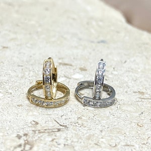 14k Yellow Gold Small Round CZ Hoop Earrings, 14k White Gold Tiny Round Cubic Zirconia Huggie Hoop Earrings, Gift for her/women