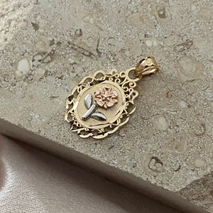 14k Real Three Tone Color Gold Oval Rose Flower Charm Pendant