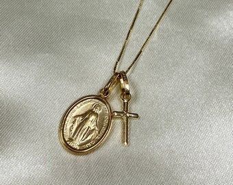 14k Yellow Gold Virgin of Guadalupe Cross Pendant Necklace