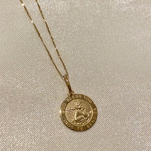 14k Real Yellow Gold Round Guardian Angel Pendant with 0.5mm Box Chain Necklace image 1