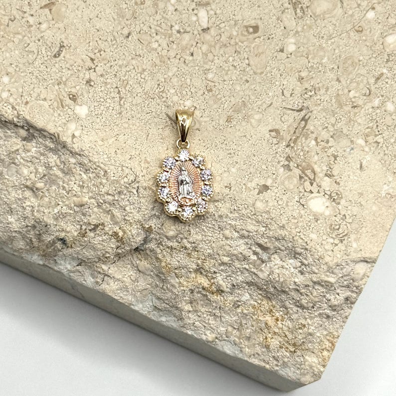 14K Tri Tone Gold Our Lady of Guadalupe Necklace, Cubic Zirconia Charm ...