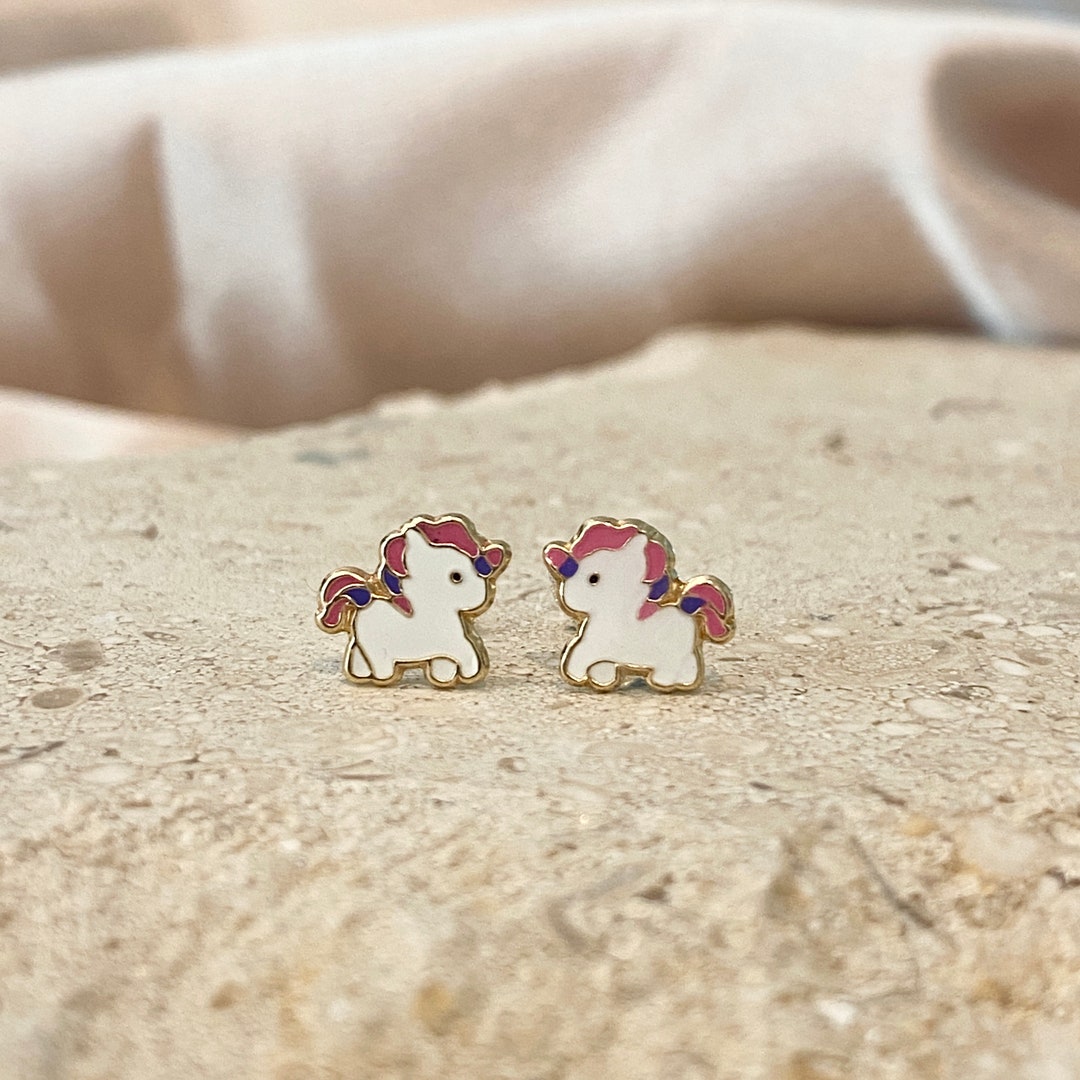 14k Real Gold Unicorn Stud Earrings Tiny Little Girls Studs Etsy