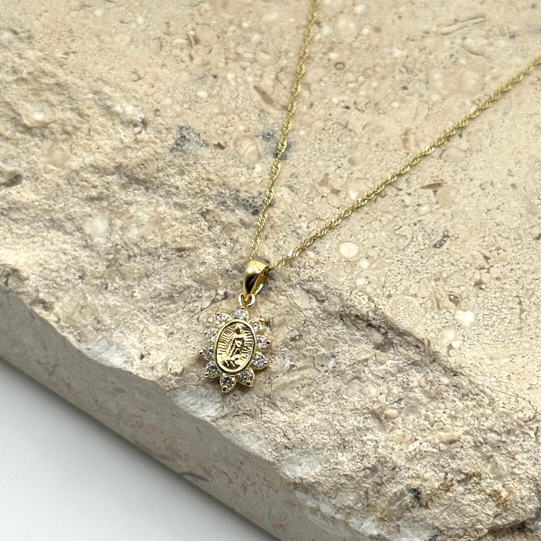 14K Gold Our Lady of Guadalupe Necklace, Cubic Zirconia Virgin Mary ...