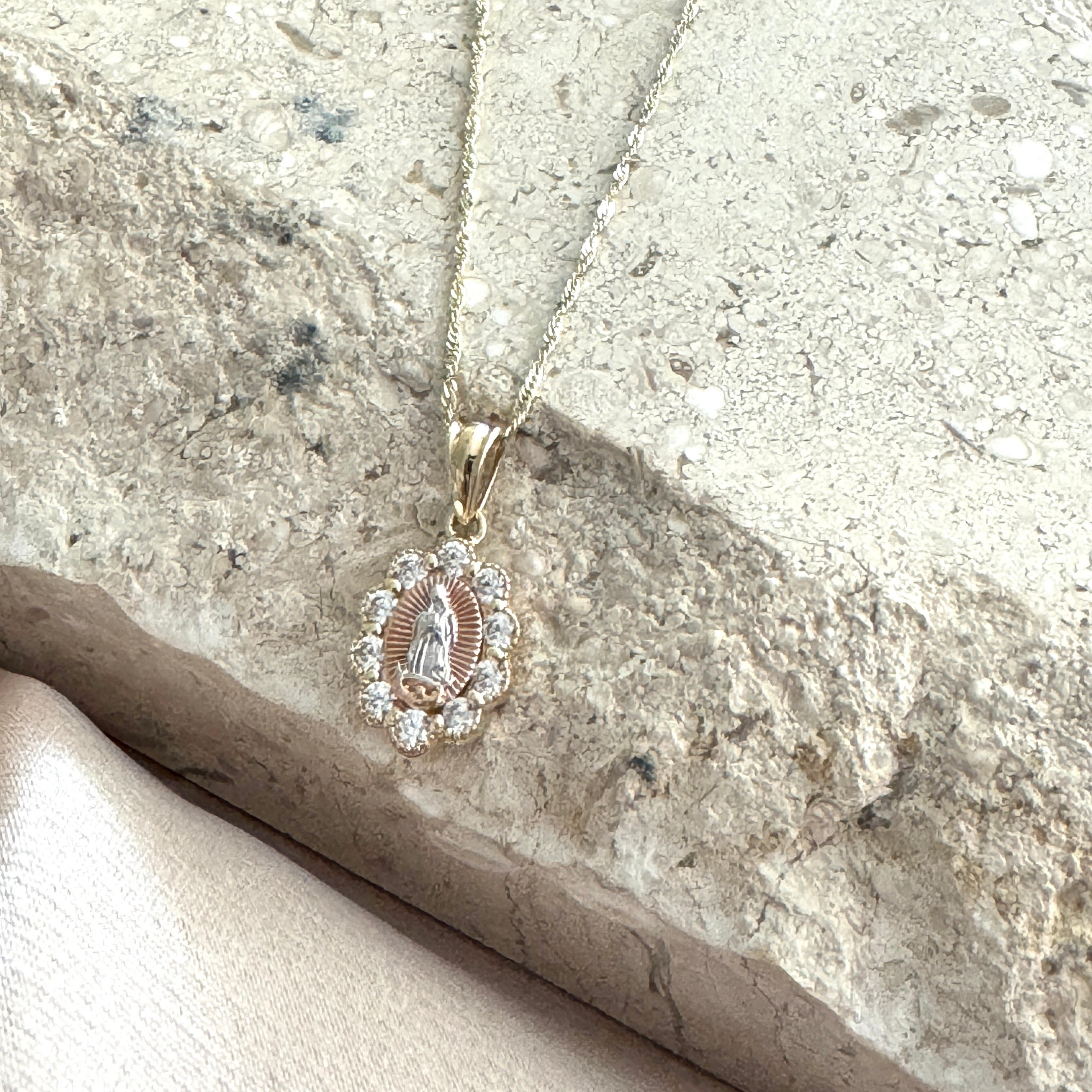 14K Tri Tone Gold Our Lady of Guadalupe Necklace, Cubic Zirconia Charm ...
