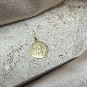 14k Real Yellow Gold Round Guardian Angel Pendant with 0.5mm Box Chain Necklace image 5