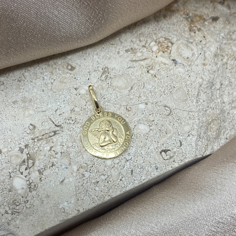 14k Real Yellow Gold Round Guardian Angel Pendant with 0.5mm Box Chain Necklace image 5