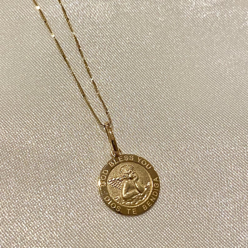 14k Real Yellow Gold Round Guardian Angel Pendant with 0.5mm Box Chain Necklace image 1