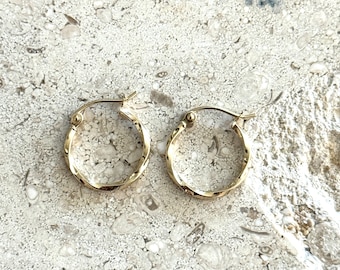 14k Solid Gelb Gold Twisted Hoop Ohrringe, Zierliche Huggie Creolen (15 mm)
