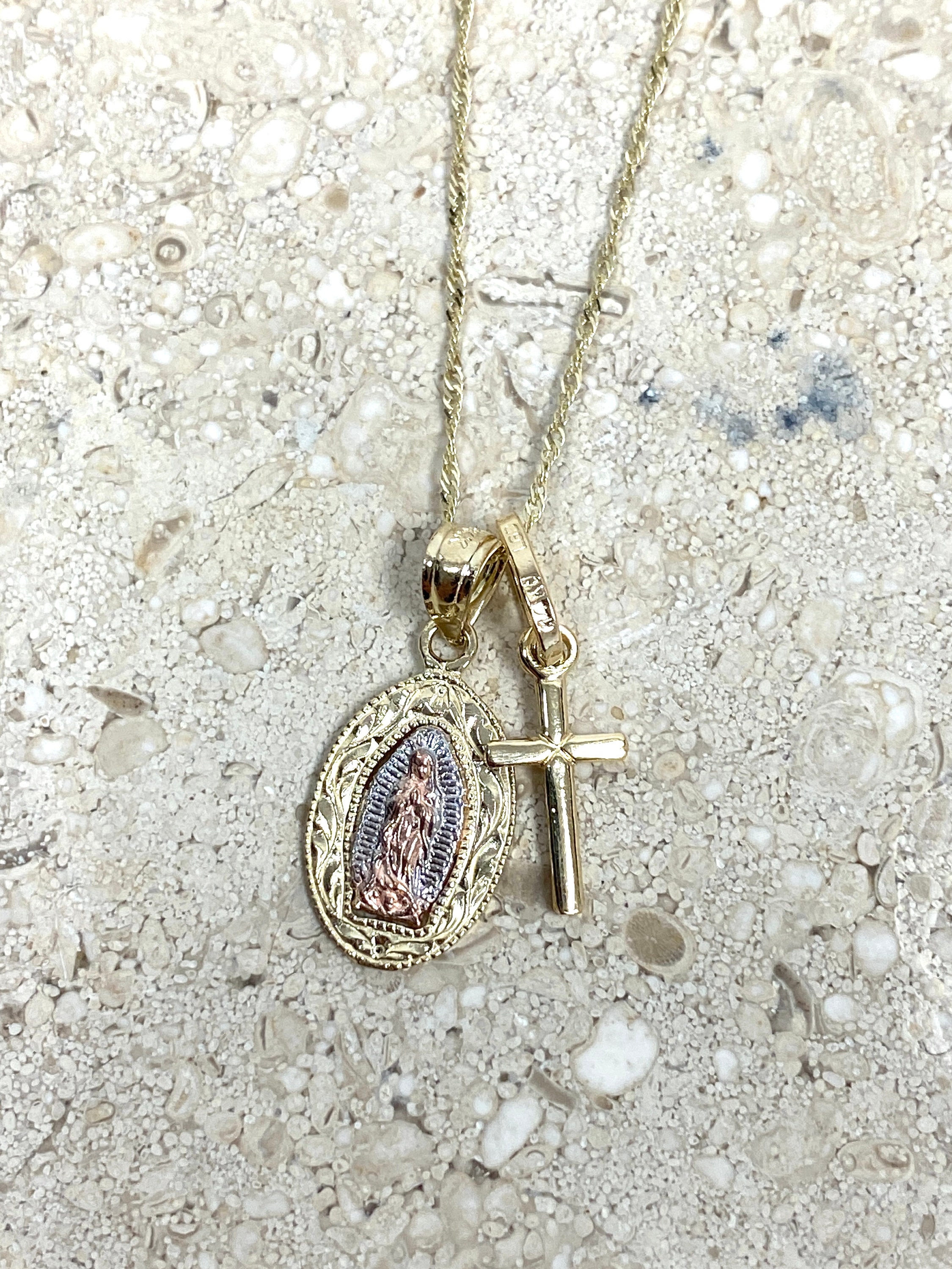 14K Tri Tone Gold Guadalupe Pendant Necklace, Virgin Mary Cross Charm ...