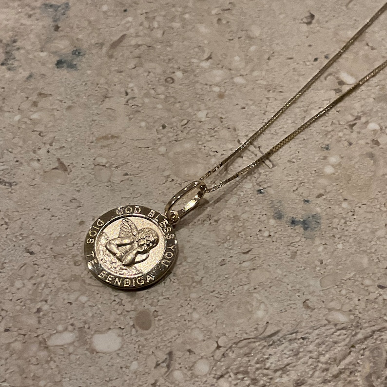14k Real Yellow Gold Round Guardian Angel Pendant with 0.5mm Box Chain Necklace image 2