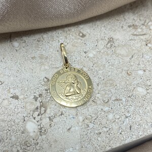 14k Real Yellow Gold Round Guardian Angel Pendant with 0.5mm Box Chain Necklace image 3