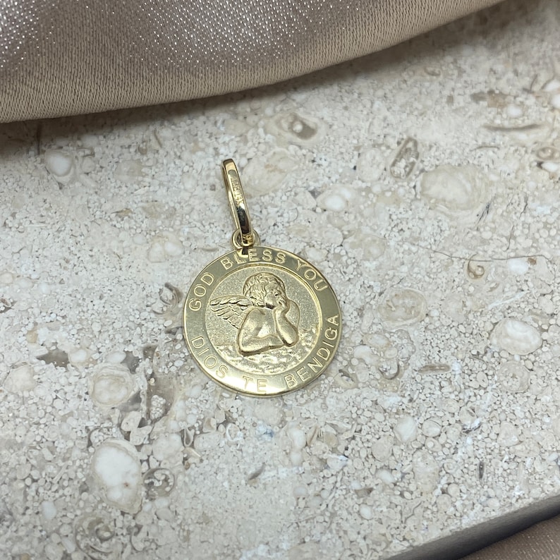 14k Real Yellow Gold Round Guardian Angel Pendant with 0.5mm Box Chain Necklace image 3