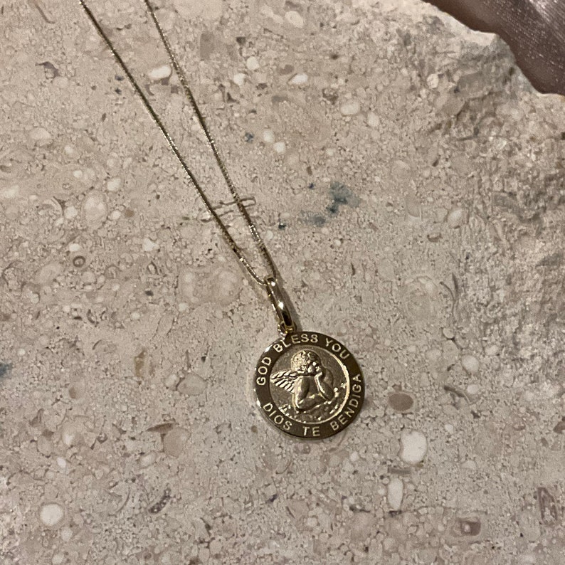 14k Real Yellow Gold Round Guardian Angel Pendant with 0.5mm Box Chain Necklace image 4