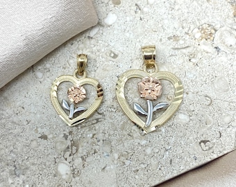 14K Tricolor Gold Flower Heart Pendant, Dainty Floral Charm