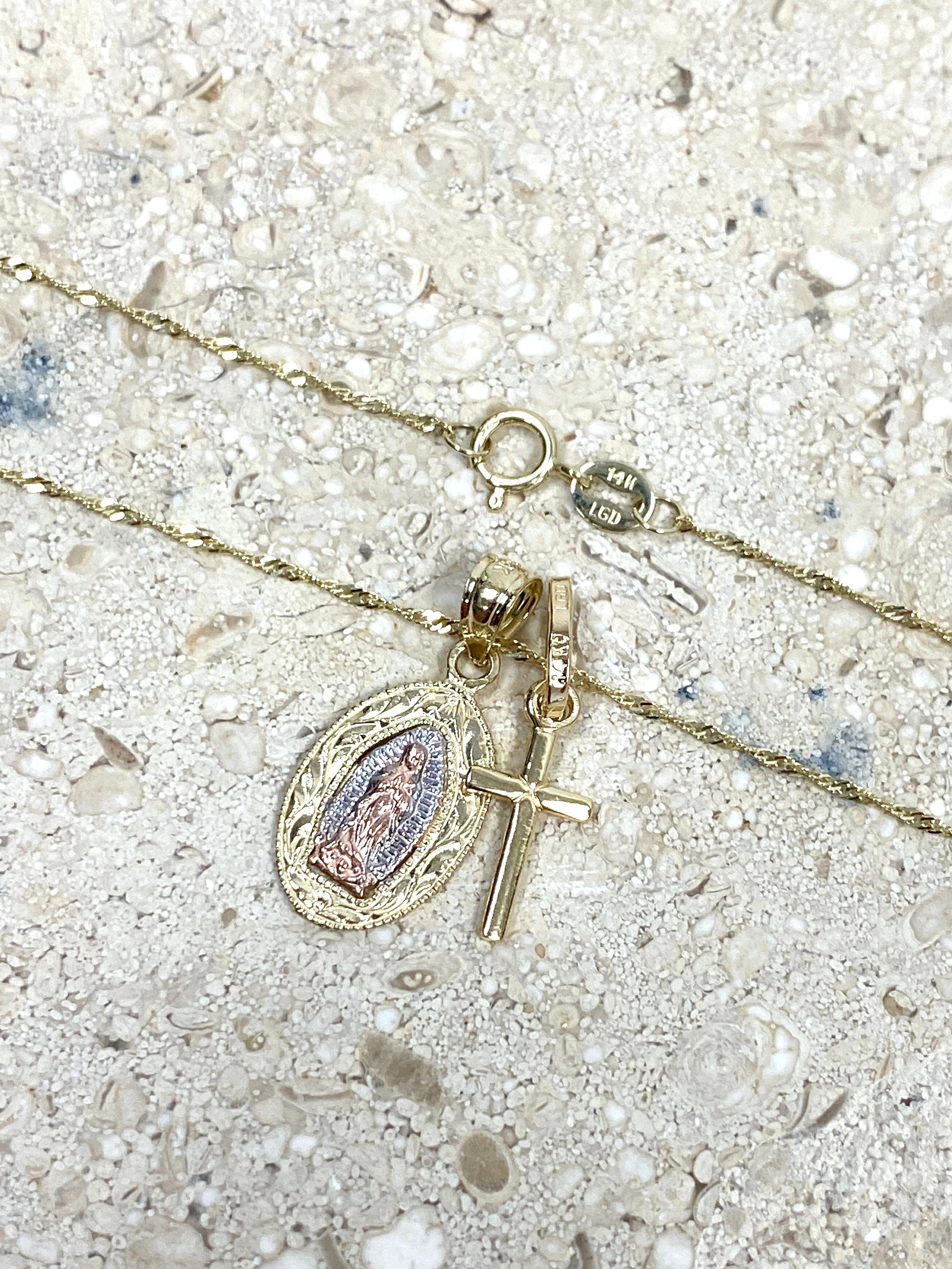 14K Tri Tone Gold Guadalupe Pendant Necklace, Virgin Mary Cross Charm ...