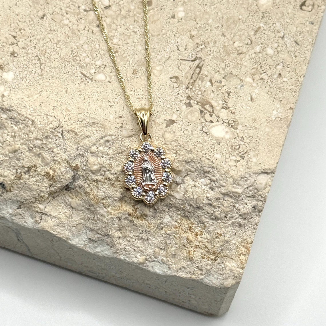 14K Tri Tone Gold Our Lady of Guadalupe Necklace, Cubic Zirconia Charm ...