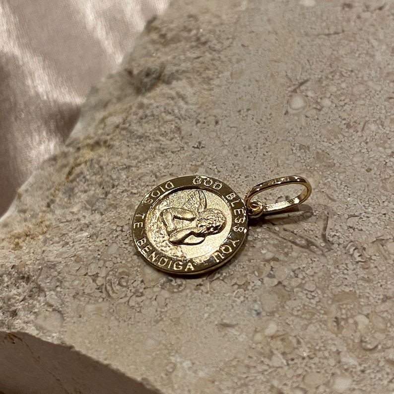 14k Real Yellow Gold Round Guardian Angel Pendant with 0.5mm Box Chain Necklace image 8