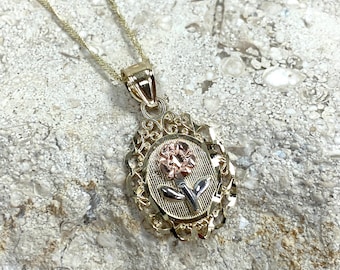 14k Tri-Color Gold Rose Pendant Necklace, Floral Charm