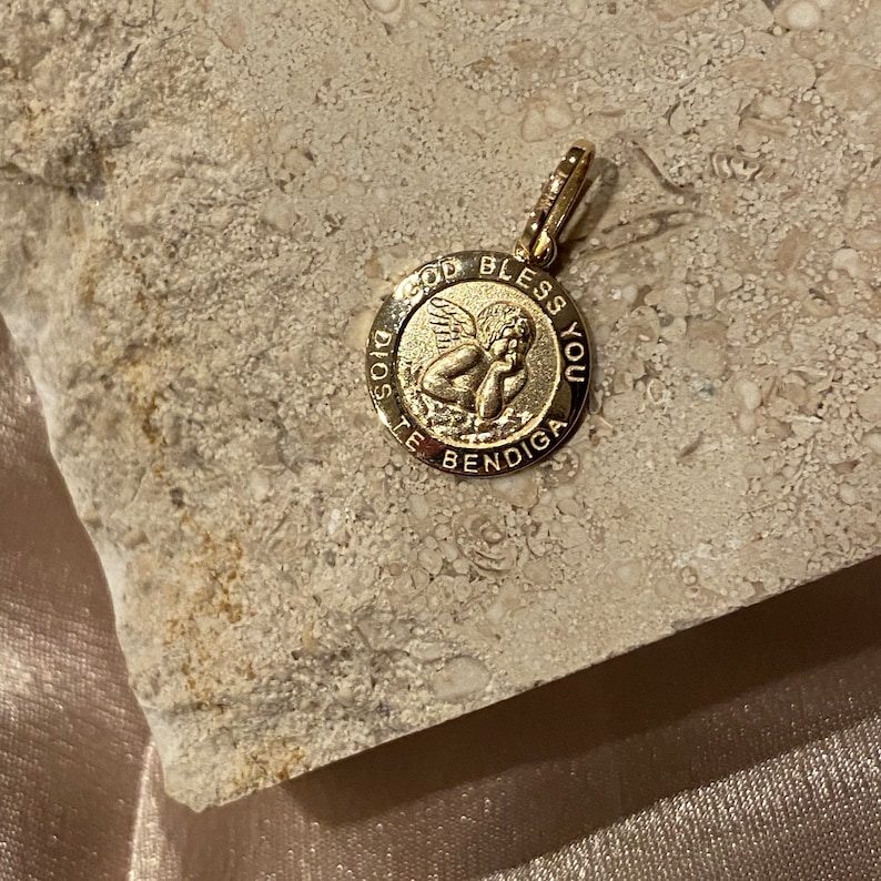 14k Real Yellow Gold Round Guardian Angel Pendant with 0.5mm Box Chain Necklace image 7