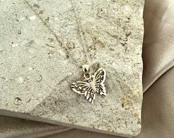 14K Solid Gold Butterfly Pendant Necklace, Gift for Her