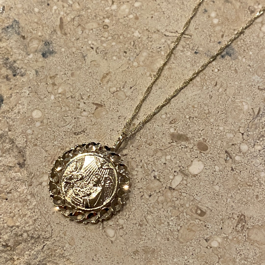 14K Solid Gold Round Circle Religious Baptism Charm Pendant Etsy