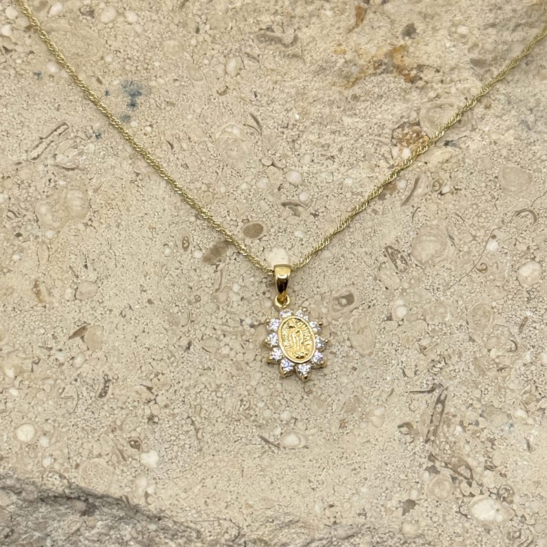14K Gold Our Lady of Guadalupe Necklace, Cubic Zirconia Virgin Mary ...