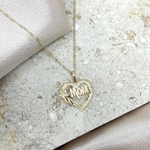 14k Real Yellow Gold Mom Heart Pendant with 0.9mm Singapore Chain, 14k Gold Mother Charm Necklace, Mother's Day Gift, Gift for mom