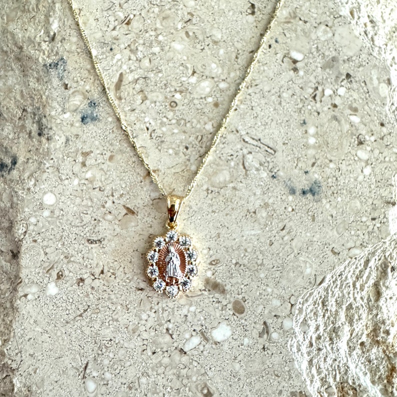 14K Tri Tone Gold Our Lady of Guadalupe Necklace, Cubic Zirconia Charm ...