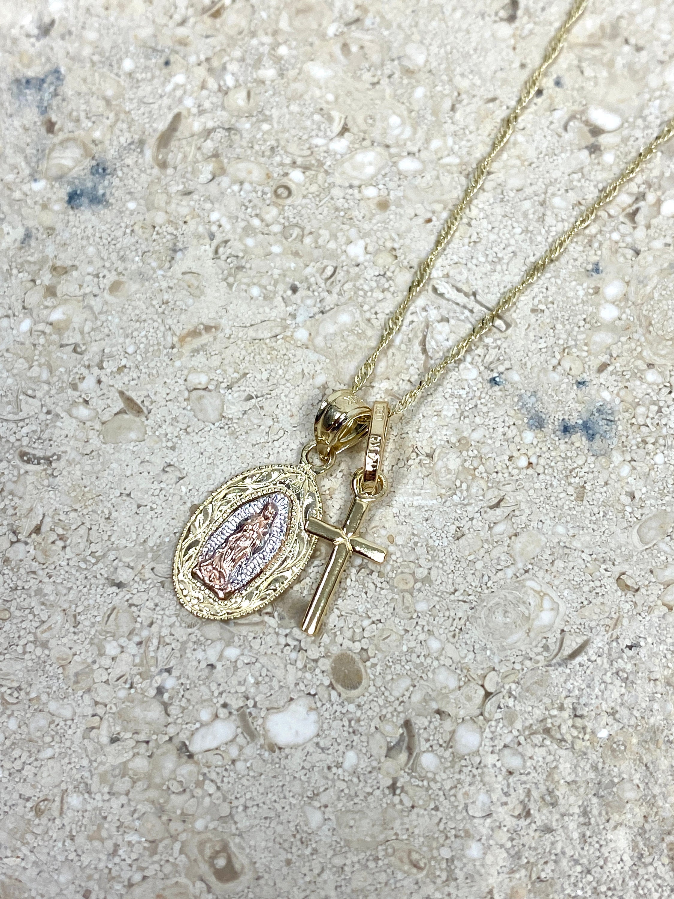 14K Tri Tone Gold Guadalupe Pendant Necklace, Virgin Mary Cross Charm ...