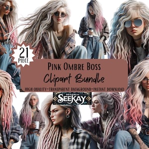 Peut inclure: Un ensemble de cliparts numériques intitulé "Pink Ombre Boss", présentant des illustrations de femmes aux dreadlocks ombrés roses, portant des chemises à carreaux et des lunettes de soleil. Le lot comprend 21 pièces et est téléchargeable instantanément.