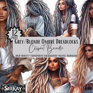 May include: Digital art bundle with 12 illustrations of women with grey and blonde ombre dreadlocks. The images have a high-quality, transparent background. The text on the image reads "GREY/BLONDE OMBRÉ DREADLOCKS Clipart Bundle".