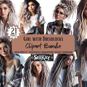 May include: A digital art bundle featuring illustrations of women with dreadlocks. The image includes the text "GIRL WITH DREADLOCKS Clipart Bundle" and "21 PIECE". The illustrations have a high-quality, transparent background and are available for instant download.