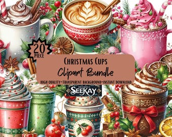 Christmas Coffee Mugs PNG Clipart Bundle: Scrapbooking & Shirt Design (Digital Download)