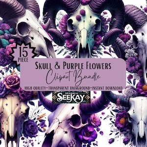 May include: A digital clipart bundle featuring various skull illustrations adorned with purple flowers and foliage. The image includes the text "Skull & Purple Flowers Clipart Bundle" and "15 Piece". The design has a high-quality, transparent background.