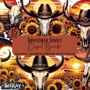 Könnte beinhalten: Ein digitales Kunstpaket mit dem Thema Sonnenuntergang mit Sonnenblumen. Das Bild zeigt Kuhschädel mit Cowboyhüten, umgeben von Sonnenblumen, vor einem Sonnenuntergangshintergrund. Der Text lautet "Sunflower Sunset Clipart Bundle".