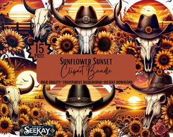 May include: A digital art bundle featuring a sunflower sunset theme. The image includes cow skulls wearing cowboy hats, surrounded by sunflowers, with a sunset backdrop. Text reads "Sunflower Sunset Clipart Bundle".