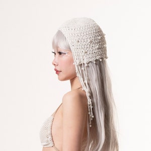Beige Pearl Decor Crochet Beanie Hat with Fringe, Bling Beanie, Winter Hat, Halloween, Rave, Festival, Party, Country Concert