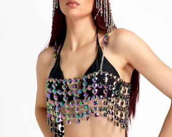 Rainbow Bra Chain, Body Chain, Rhinestone Body Jewelry, Body Chain, Chest Chain, Rave Accessories, Bikini Accessories,Ravewear,Rave,Festival