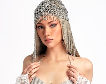 Antique Silver Tasseled Chain, Fringe Head Chain, Silver Headpiece, Rave Accessories, Festival Fashion,Head Jewelry, Bridal,Rhinestone Chain