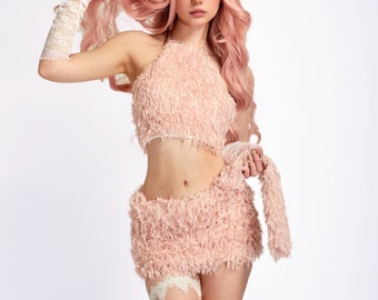 Pink Fuzzy Rave Outfit: Two Piece Festival Set, Rave outfit, Rave set, Snow baby rave set