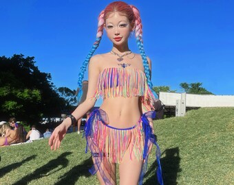 Tassel Fringe Two Piece Rave Set, Rave Wear, Rave Outfit, Women Rave Clothing, Festival Outfit, Festival Wear,EDC