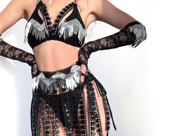 Handmade Fairy Princess 4-piece Rave set,Silver Sequins,Black Lace Fringe,Rave Wear,Festival,EDM,Festival Outfit,Women Rave Set,Rave Top