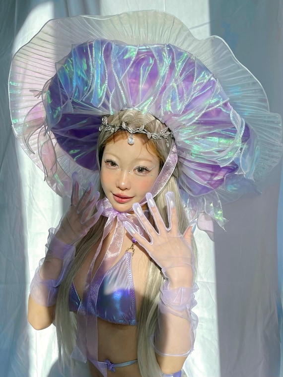 Handmade Lilac Jellyfish Rave Hat+ Matching Skirt, Holographic