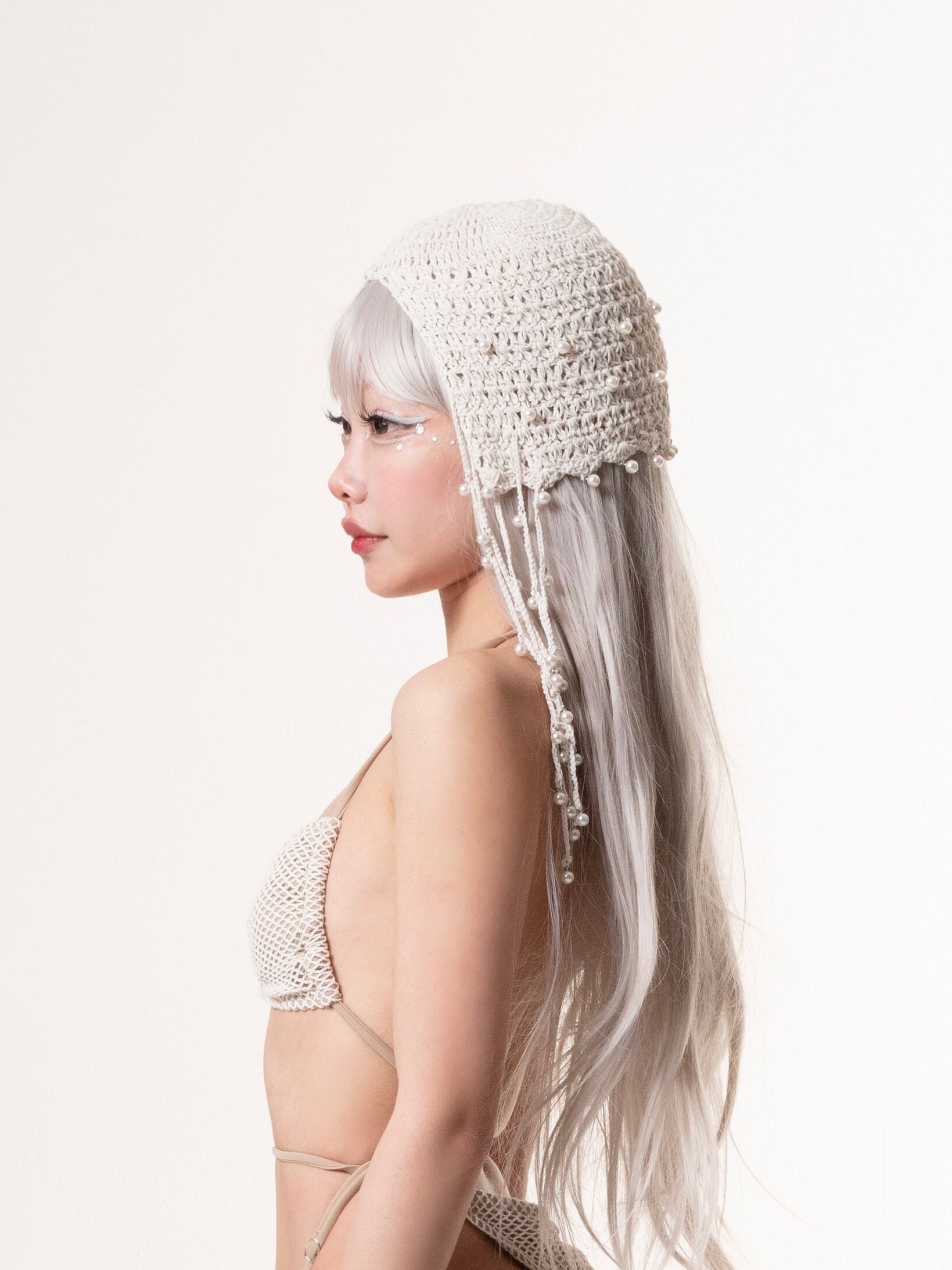 Beige Pearl Decor Crochet Beanie Hat With Fringe, Bling Beanie