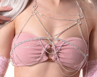 Give U My Heart Chest Chain | Rhinestone Body Jewelry | Body Chain | Rave Accessories