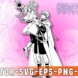 Puede incluir: Ilustración en blanco y negro de línea de arte de un hombre sosteniendo a una mujer en sus brazos. La mujer lleva un vestido largo y el hombre lleva un abrigo largo y sostiene una espada. El texto "Frieres" está en la esquina superior derecha de la imagen.
