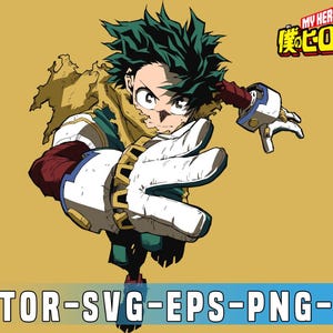 Könnte beinhalten: Illustration eines Charakters aus "My Hero Academia" in einer dynamischen Pose, vor einem senfgelben Hintergrund. Der Charakter hat grüne Haare, einen entschlossenen Ausdruck und trägt ein Kostüm mit weißen, roten und blauen Akzenten. Der Text "VECTOR-SVG-EPS-PNG-JPG" ist enthalten.