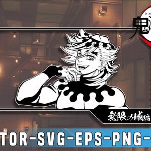 May include: Black and white illustration of a character from the anime series, "Demon Slayer". The character has spiky white hair and is wearing a black and white outfit. The image includes Japanese text and the words "VECTOR-SVG-EPS-PNG-JPG".
