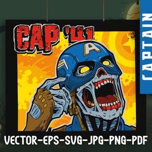 May include: A zombie Captain America illustration with a blue and red costume, a red star on his forehead, and the text "CAP '41" above him. The background is yellow with a red and white starburst pattern.